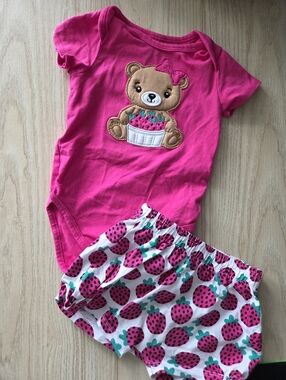 New Hot Pink Baby Bodysuit with Strawberry Print Shorts
